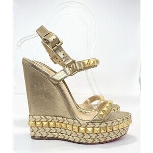 Christian Louboutin Leather Espadrille Wedges Gold w Spikes Cataclou 140 Sz 36 6